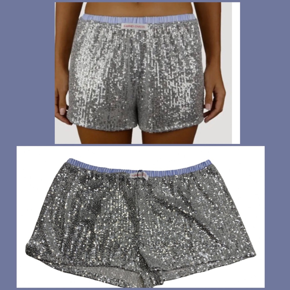 NEW Hand Over Ex-Boyfriends Silver Sequin Shorts Blue Striped Waistband Size M
